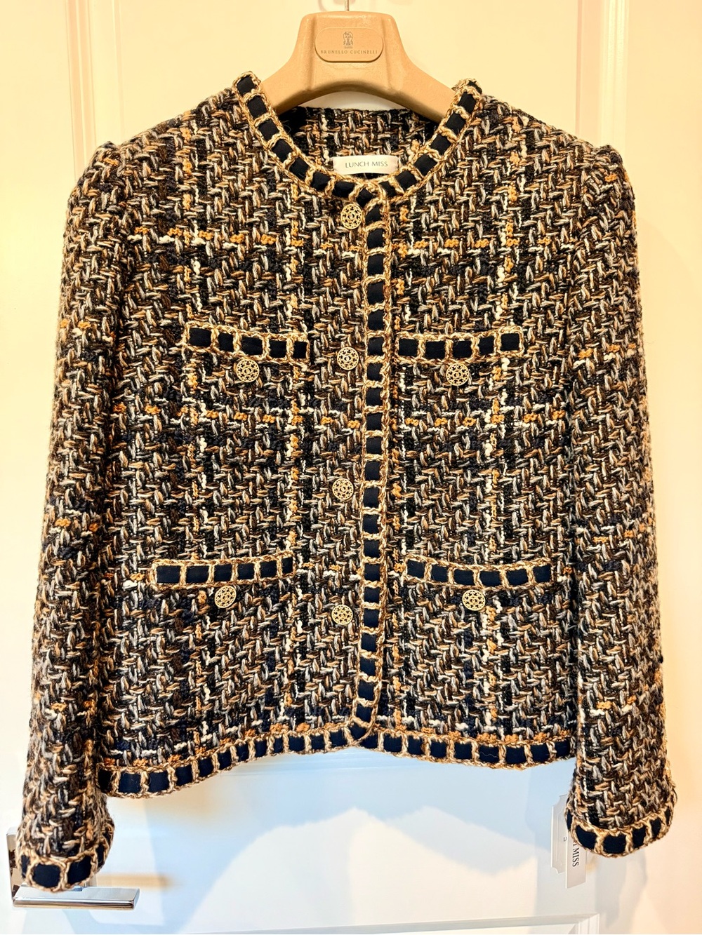 Chanel inspired tweed Jacket Womens Brown Gold Button Chain Trim Blazer; wool; M